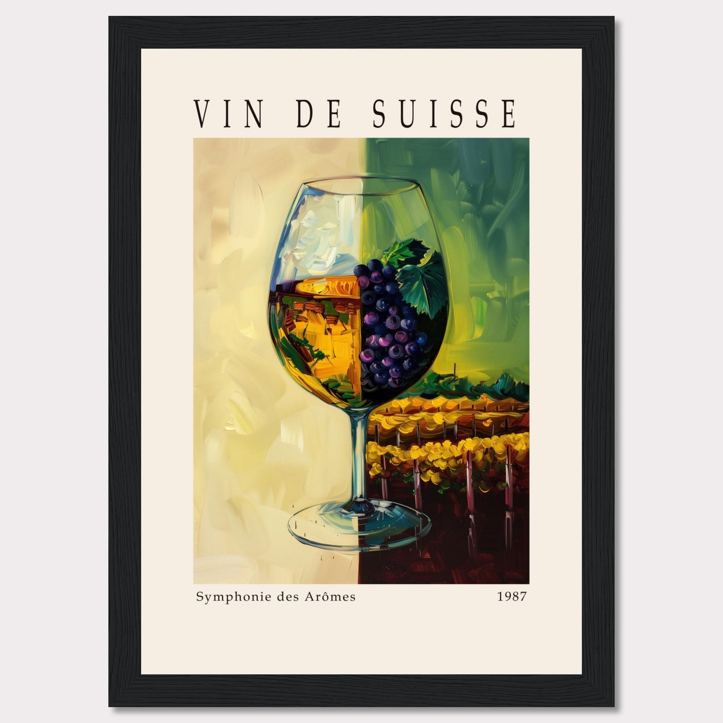 This vibrant poster showcases a wine glass filled with white wine, adorned with a cluster of purple grapes and green leaves. The background features a picturesque vineyard scene, split into two contrasting hues of yellow and green.