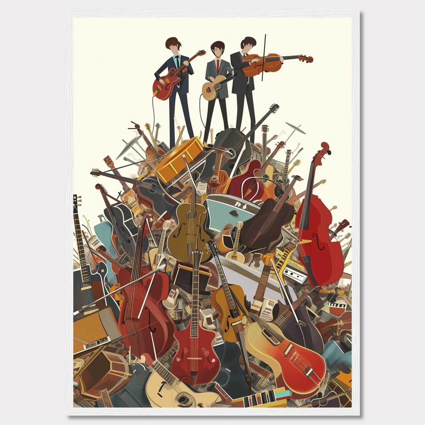 This vibrant illustration captures three musicians standing atop a towering pile of various musical instruments. The scene is filled with guitars, violins, cellos, drums, and more, creating a lively and energetic atmosphere.