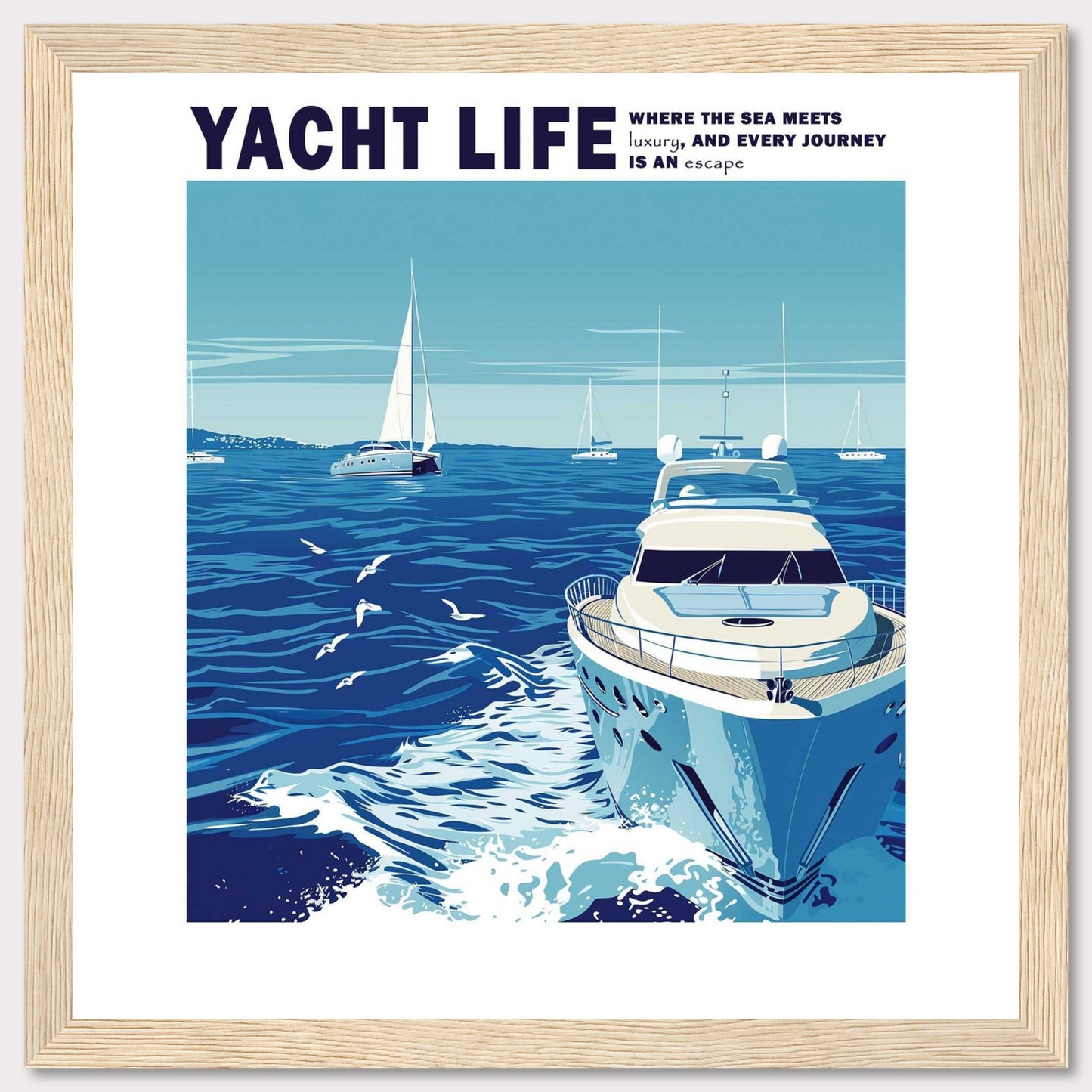 This captivating artwork depicts a serene ocean scene with luxurious yachts sailing under a clear blue sky. The image conveys a sense of tranquility and adventure, inviting viewers to imagine themselves embarking on a luxurious journey at sea.