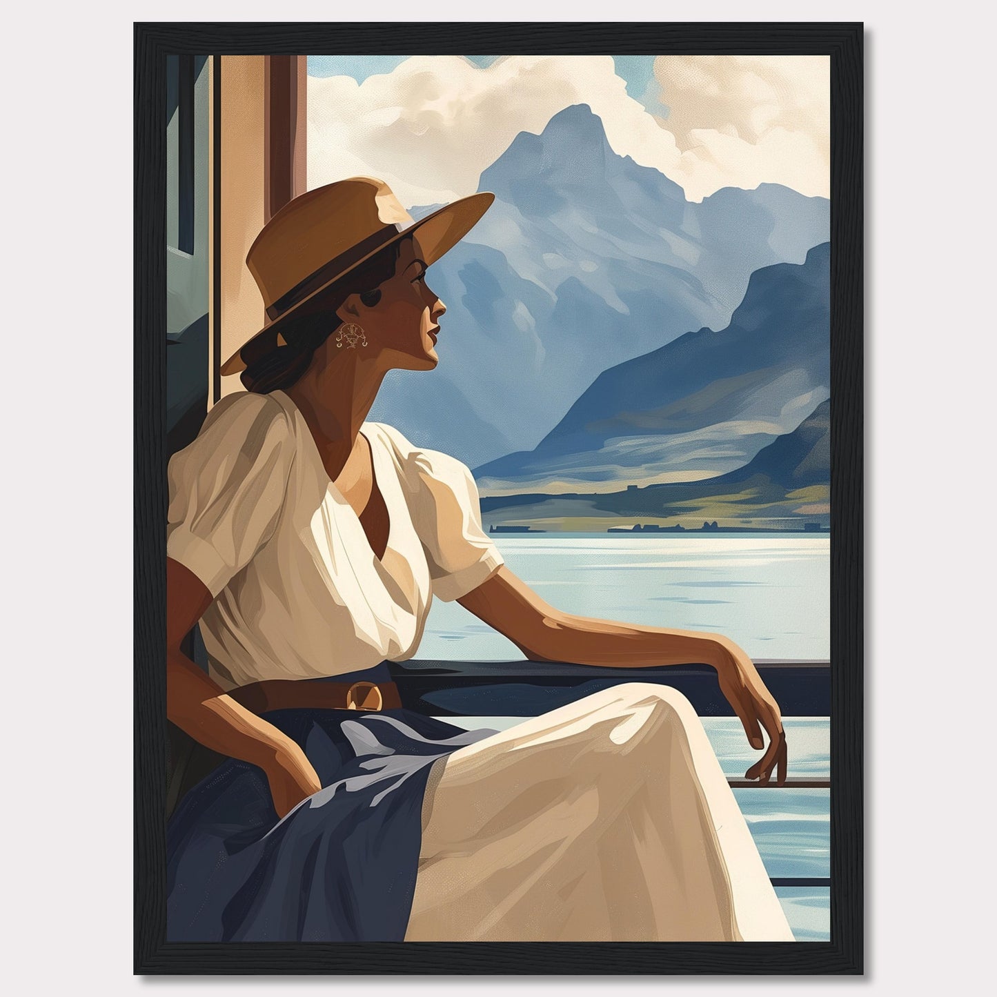 This captivating artwork features a serene woman in a white dress and wide-brimmed hat, gazing out at a tranquil lake with majestic mountains in the background. The scene evokes a sense of peace and contemplation, inviting viewers to pause and appreciate the beauty of nature.