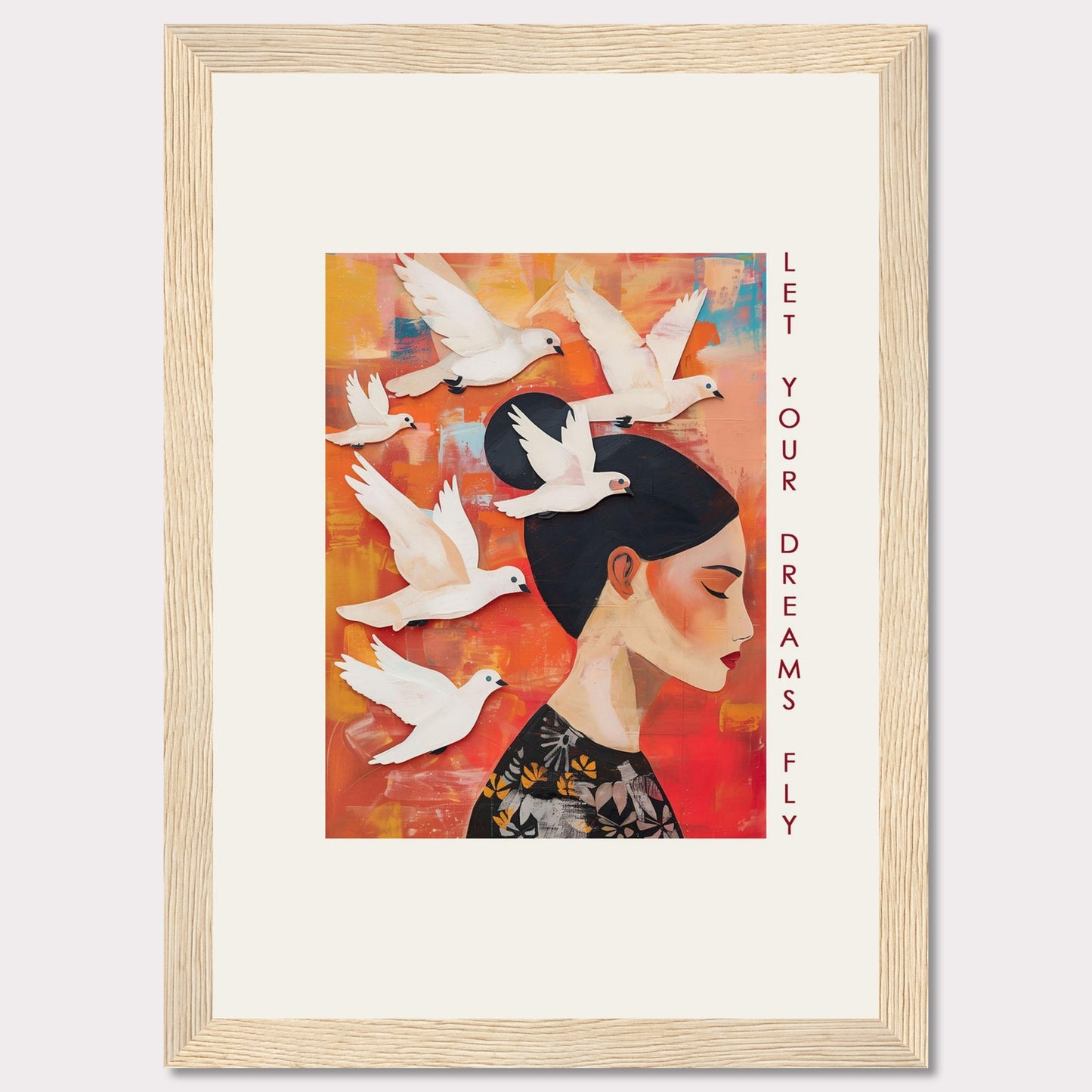 This vibrant artwork features a serene woman with her eyes closed, surrounded by white doves flying against a colorful background. The words "Let Your Dreams Fly" are written vertically along the right side, inspiring viewers to pursue their aspirations.