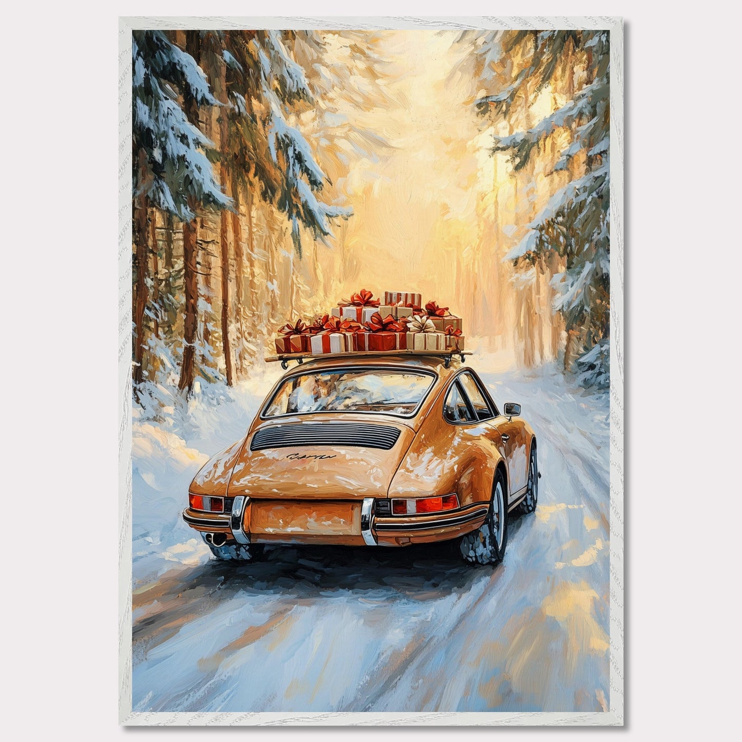 This festive poster showcases a yellow Porsche navigating a snow-covered path with holiday presents stacked on its roof. The warm glow from the trees lining the road creates a magical winter scene, while the "Merry Christmas" typography evokes the warmth and joy of the holiday season. The combination of sleek design and a peaceful winter landscape makes this a perfect holiday greeting.