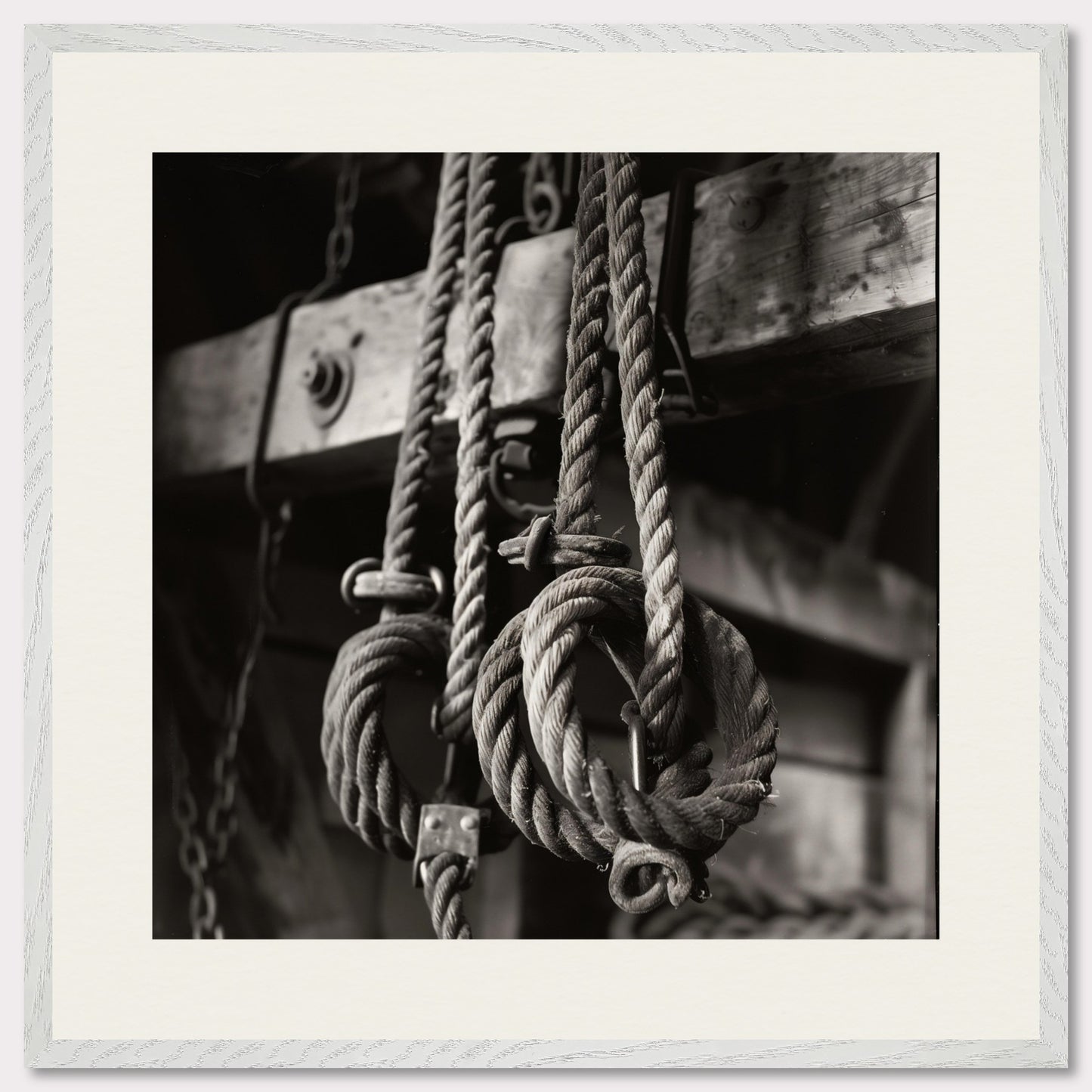 This black and white illustration depicts a close-up view of coiled ropes hanging from wooden beams, evoking a rustic or nautical theme.