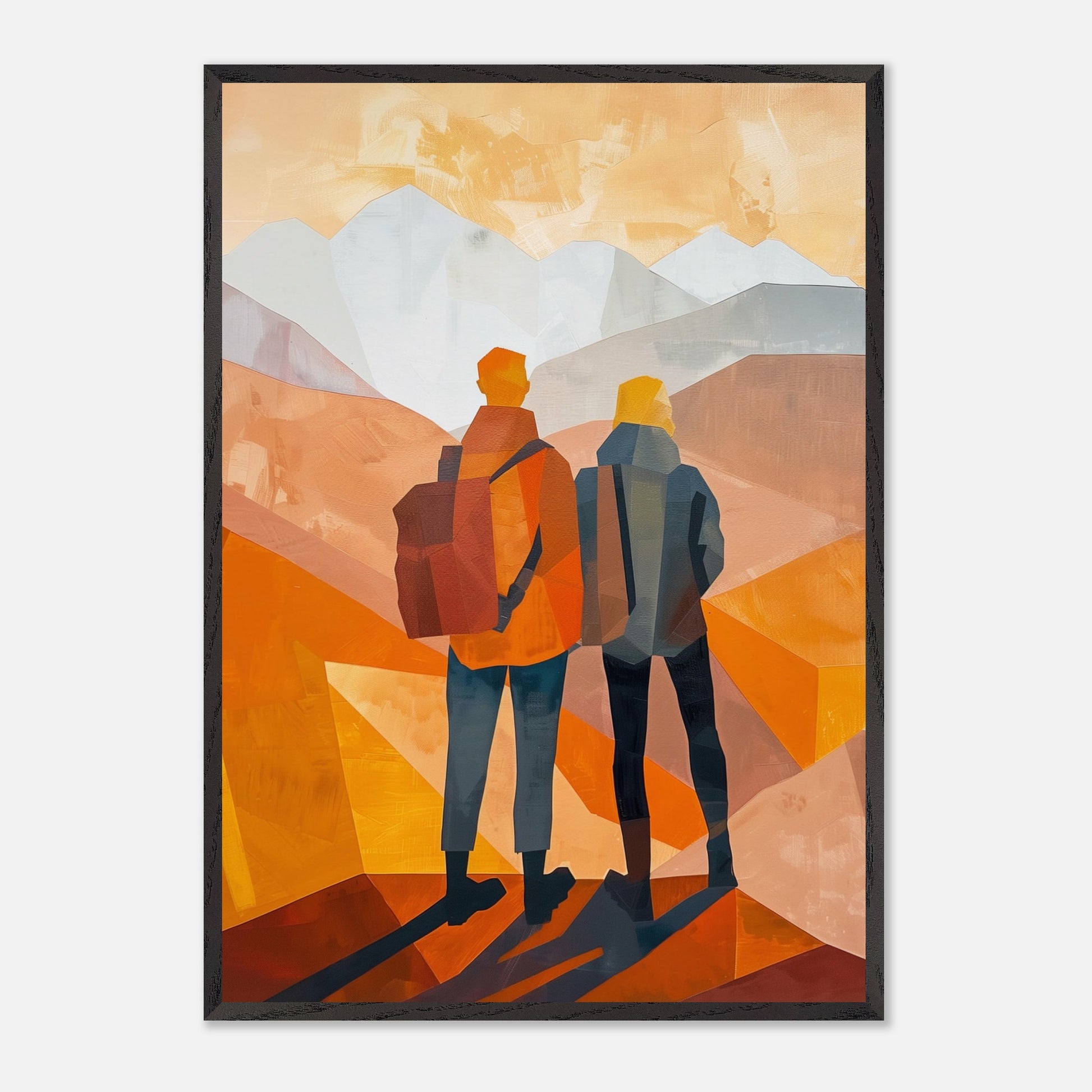 This illustration depicts two figures standing side by side, gazing at a mountainous landscape.

This poster would fit well in a living room, hallway, office, or any space that benefits from artistic and inspirational decor.