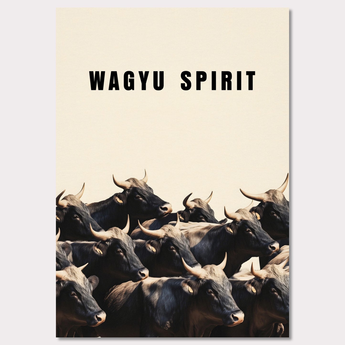 This illustration shows a group of black cattle with horns, set against a light background. The text "WAGYU SPIRIT" is prominently displayed at the top.

This poster will fit well in a kitchen, dining area, restaurant, or any space related to food and culinary arts.
