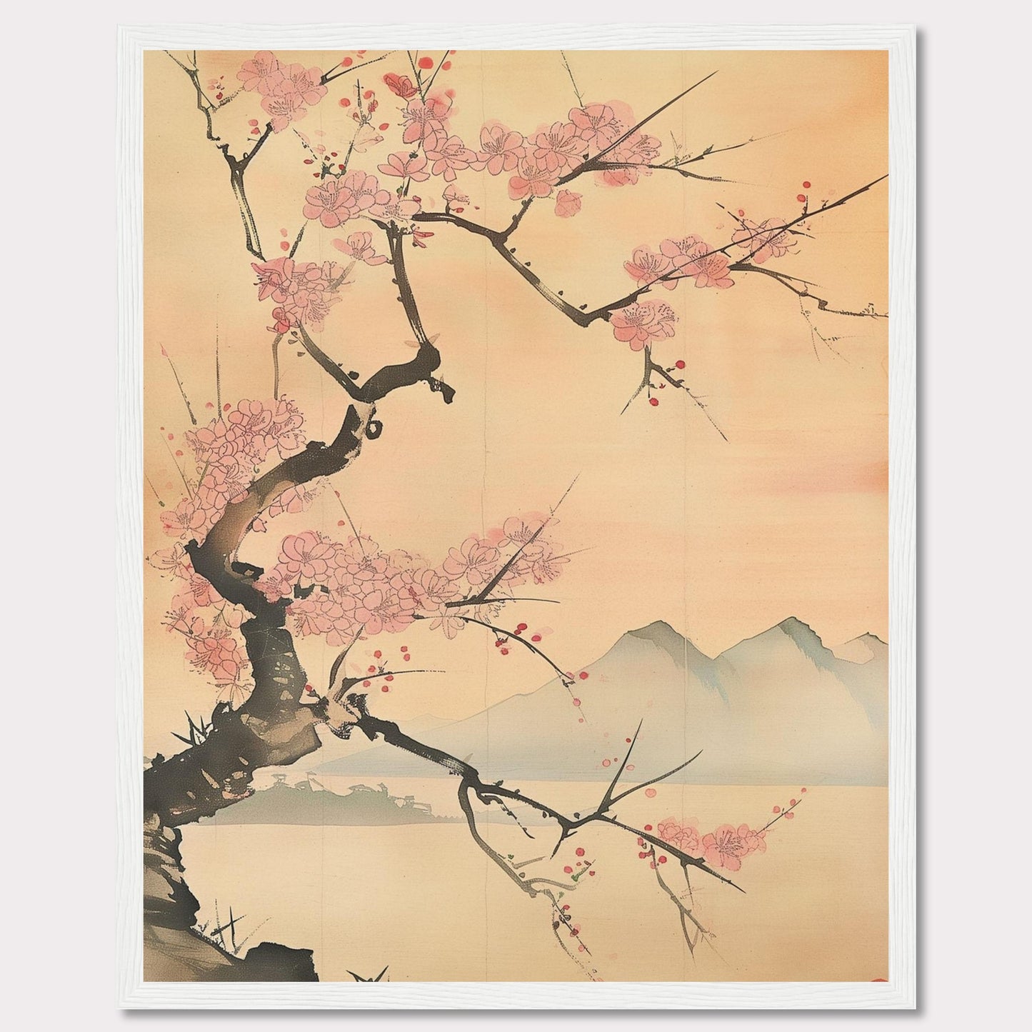 This beautiful artwork features a delicate cherry blossom tree in full bloom against a serene backdrop of distant mountains. The soft pastel hues create a tranquil and calming atmosphere, perfect for any living space.