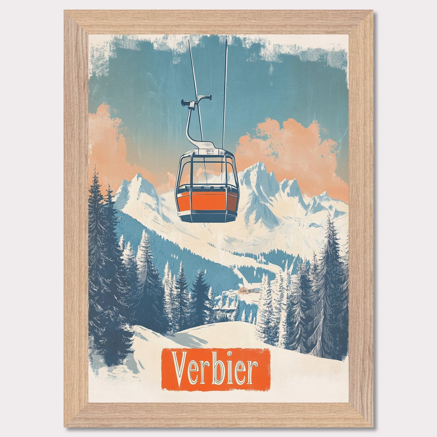 This picturesque retro-inspired poster showcases a vibrant orange gondola gracefully ascending the snowy mountainside of Verbier. The tranquil beauty of the landscape is captured with soft pastel tones in the sky, complemented by the rugged peaks in the distance. The modern gondola stands in contrast to the pristine, snow-covered trees, evoking a sense of peaceful adventure and the journey to the mountain’s summit. The vintage art style enhances the nostalgic vibe of alpine exploration.