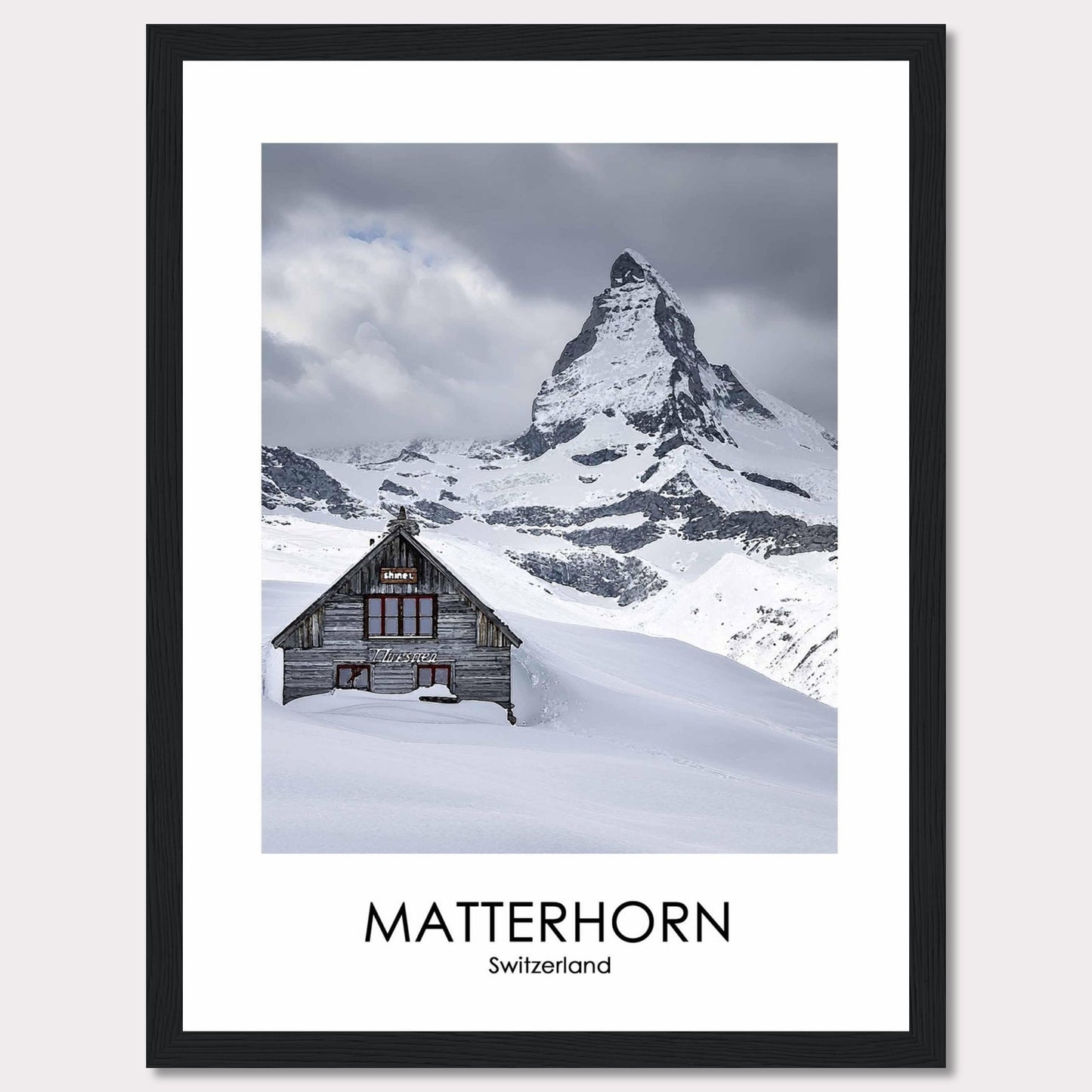 This stunning photograph captures the iconic Matterhorn in Switzerland, with a charming wooden cabin nestled in the snow-covered landscape. The majestic peak rises dramatically against a cloudy sky, creating a breathtaking scene of natural beauty.