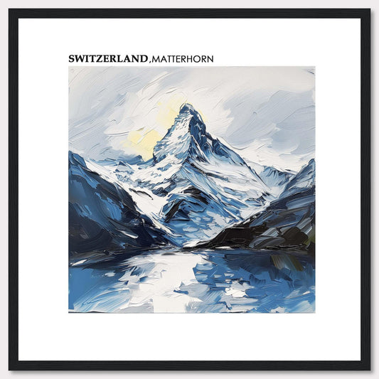 This image showcases a stunning painting of the Matterhorn in Switzerland. The artwork captures the majestic peak with its snow-covered slopes, surrounded by rugged mountains and reflected in a serene lake below. The sky is painted with soft hues, adding a touch of tranquility to the scene.