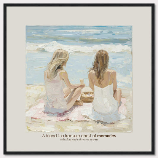 A beautiful painting depicts two women sitting on a beach, facing the ocean. They are engaged in a serene moment, perhaps sharing a conversation or simply enjoying the view. The scene evokes a sense of tranquility and deep friendship. The quote below the image reads, "A friend is a treasure chest of memories with a key made of shared secrets," highlighting the value of close companionship.