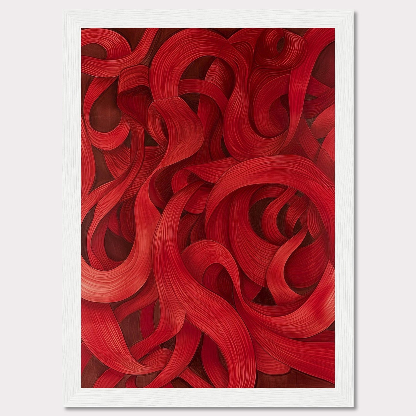 This captivating artwork features a mesmerizing array of red swirls and curves, creating a dynamic and flowing visual experience. The intricate details and rich hues draw the viewer in, evoking a sense of movement and passion.