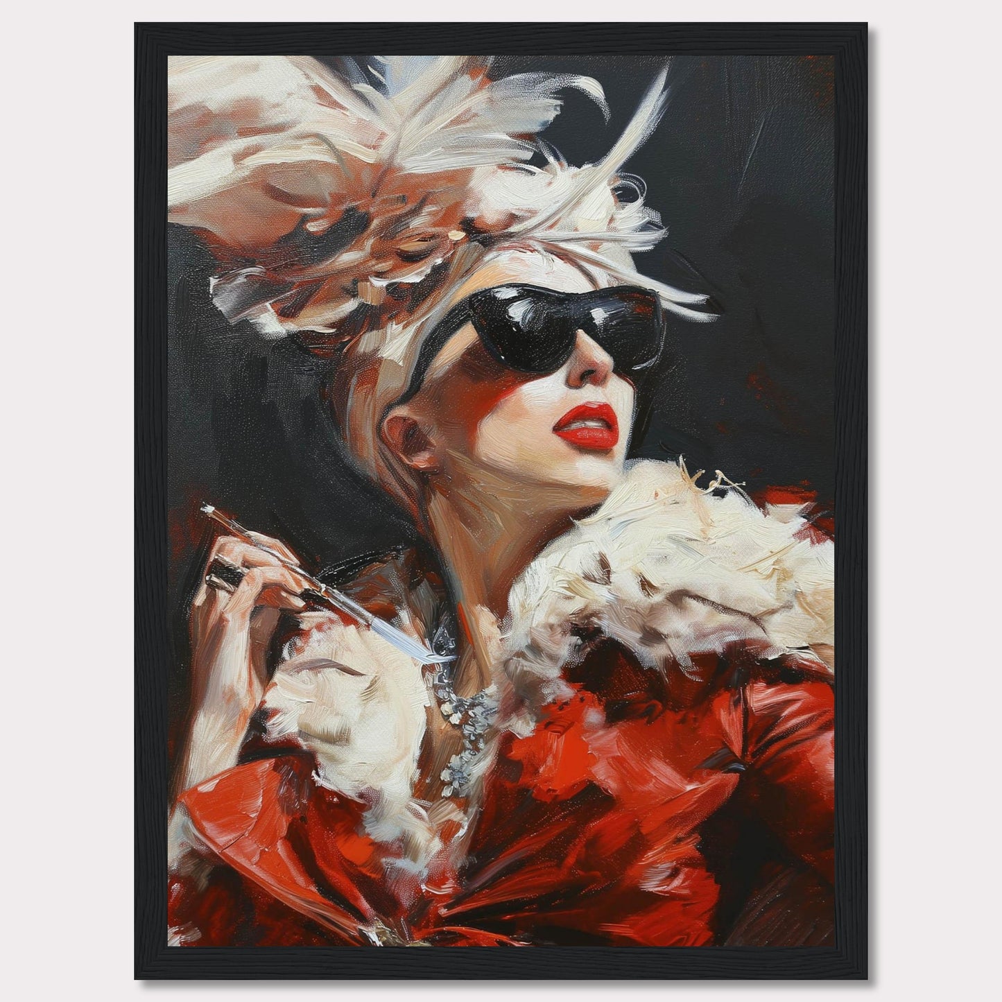 This striking painting captures a glamorous woman exuding confidence and elegance. Adorned in a luxurious red fur coat, she wears dark sunglasses and a dramatic feathered hat, holding a cigarette holder with poise. The bold brushstrokes and vibrant colors add to the dynamic and sophisticated feel of the artwork.