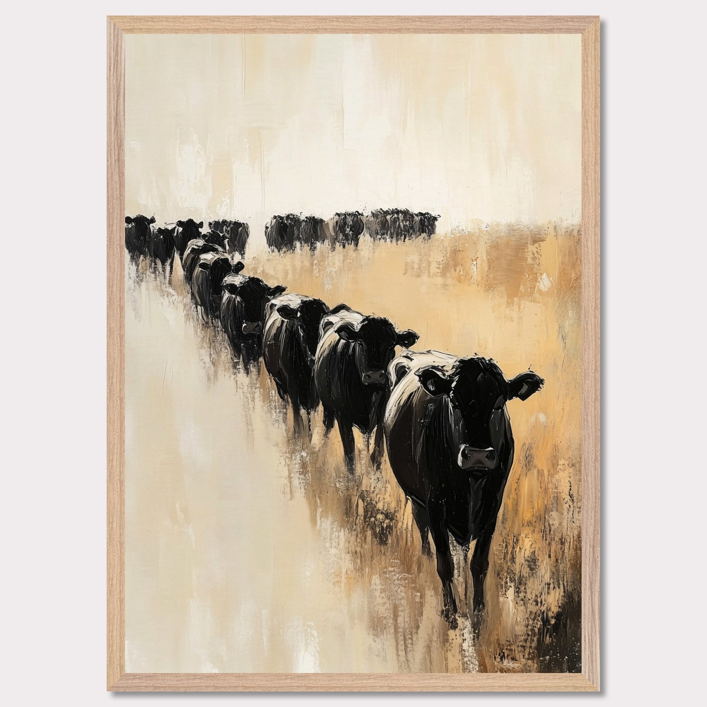 This captivating artwork portrays a herd of black cows walking in a line across a serene, golden field. The abstract brush strokes and muted color palette evoke a sense of calm and tranquility.