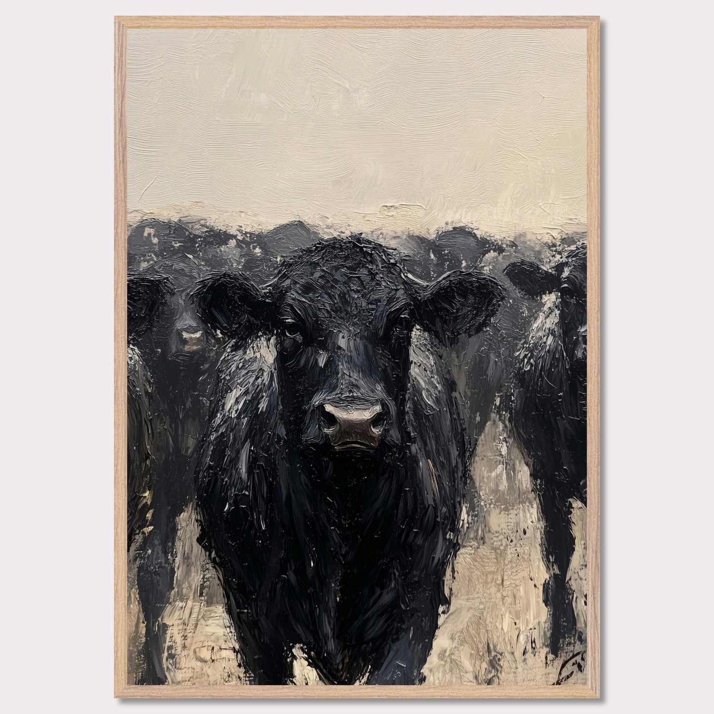 This striking painting captures the intense gaze of a black cow, surrounded by its herd. The textured brushstrokes and muted color palette create a powerful and captivating image.