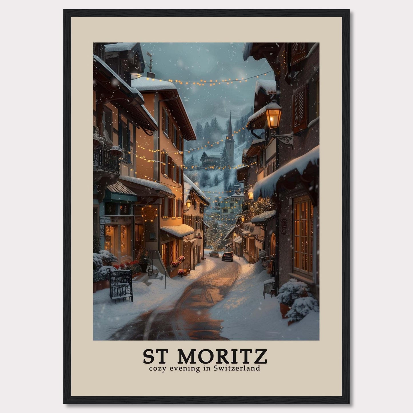 This photo showcases a charming winter evening in St. Moritz, Switzerland. The scene features snow-covered streets adorned with warm, glowing lights, quaint buildings with festive decorations, and a serene, picturesque ambiance.