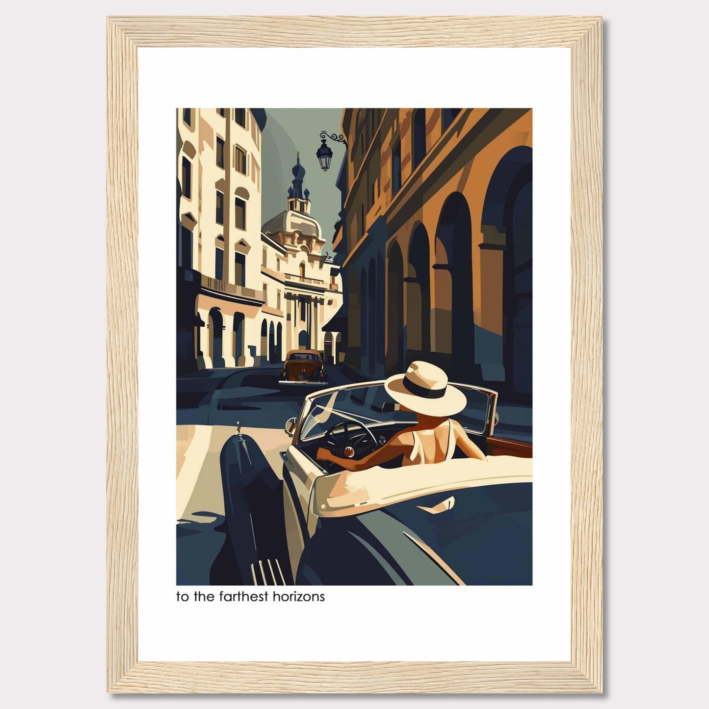 This captivating artwork depicts a stylish individual driving a vintage car through a charming, sunlit European street. The scene is filled with architectural beauty, showcasing classic buildings and a serene atmosphere.