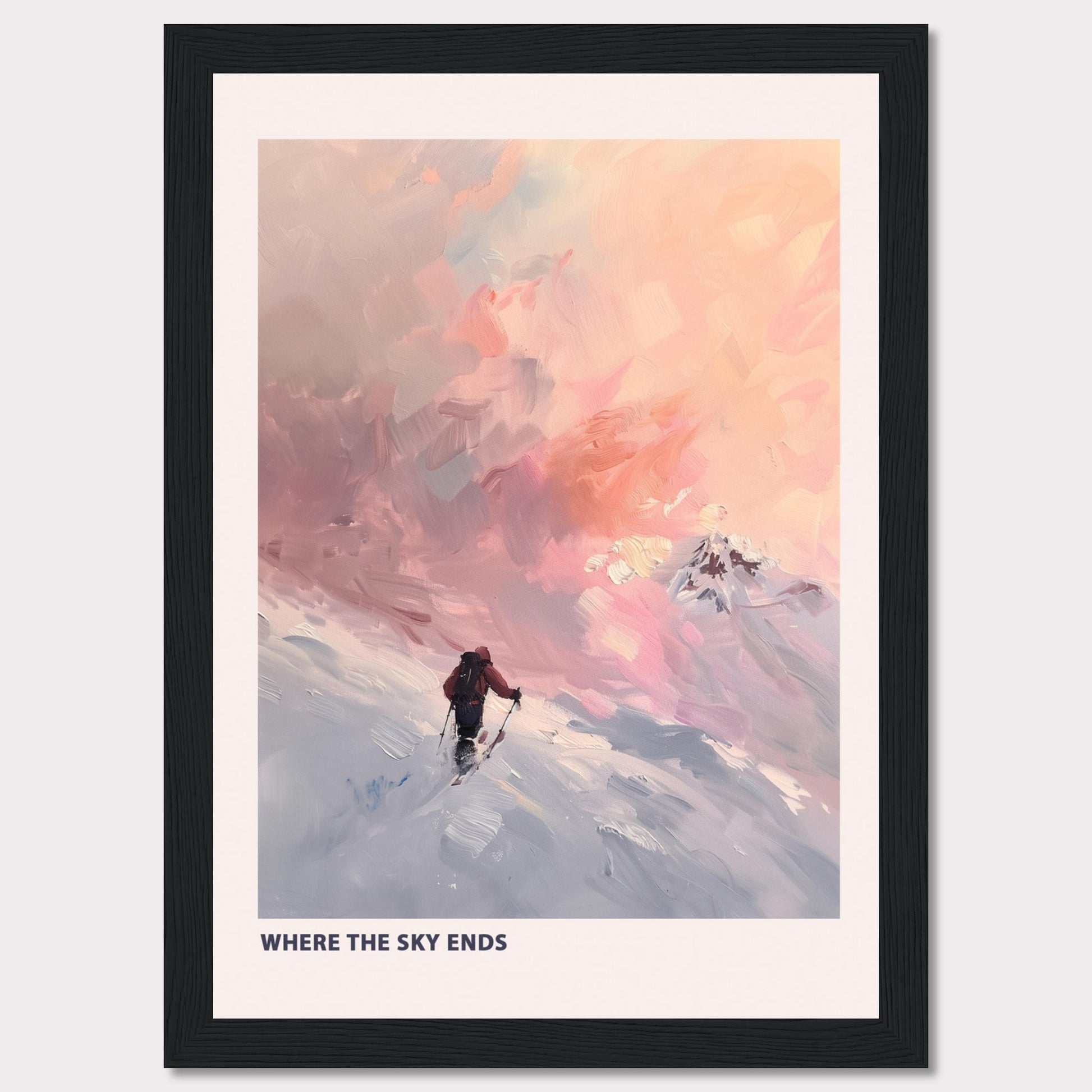 This captivating artwork titled "Where the Sky Ends" portrays a lone adventurer trekking through a snow-covered landscape towards a breathtaking, colorful sky. The painting captures a sense of solitude and determination against a backdrop of majestic, pastel-hued clouds.