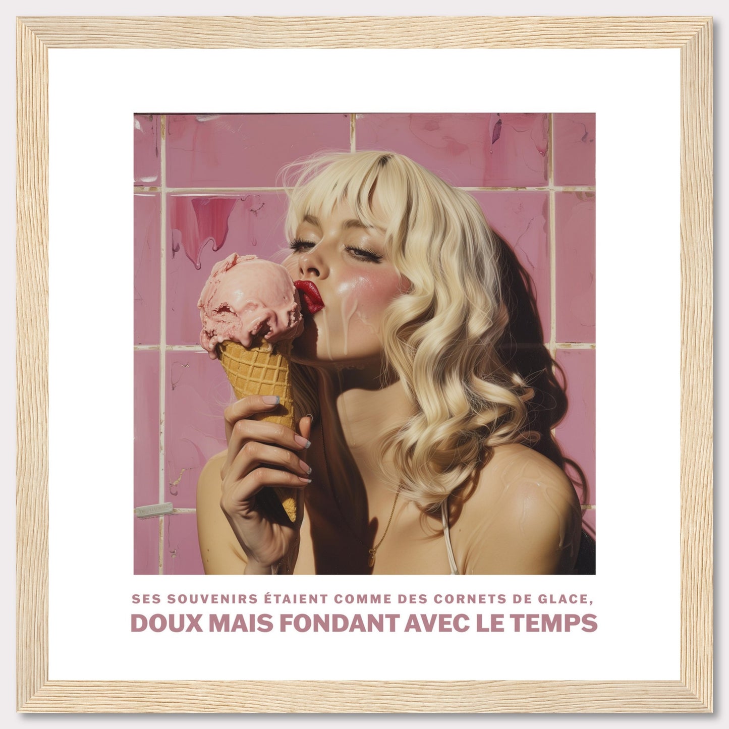 This image features a woman with blonde hair enjoying a pink ice cream cone against a backdrop of pink tiles. The text at the bottom reads: "Ses souvenirs étaient comme des cornets de glace, doux mais fondant avec le temps," which translates to "Her memories were like ice cream cones, sweet but melting with time."