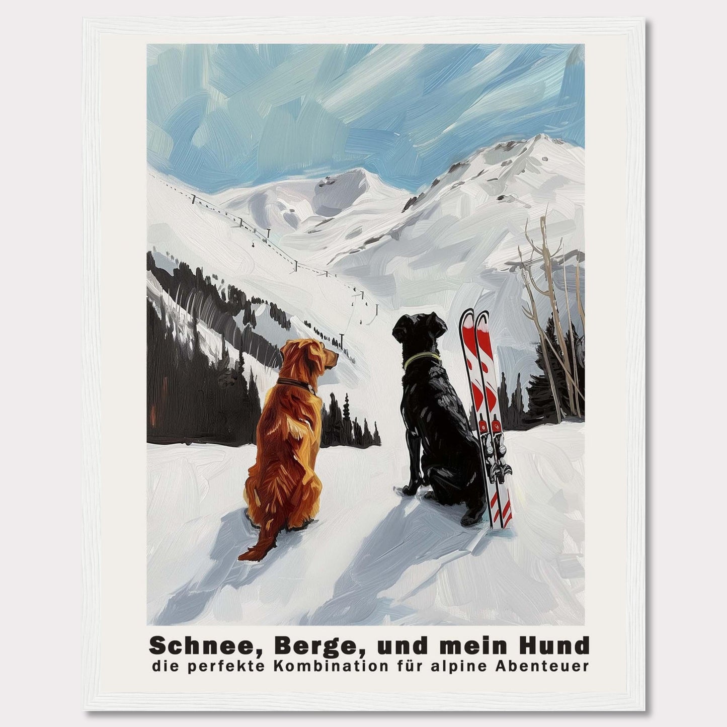 This image depicts two dogs sitting in the snow, gazing at a snowy mountain landscape. Next to them is a pair of skis, suggesting an alpine adventure. The sky is clear with a few clouds, adding to the serene and adventurous atmosphere.