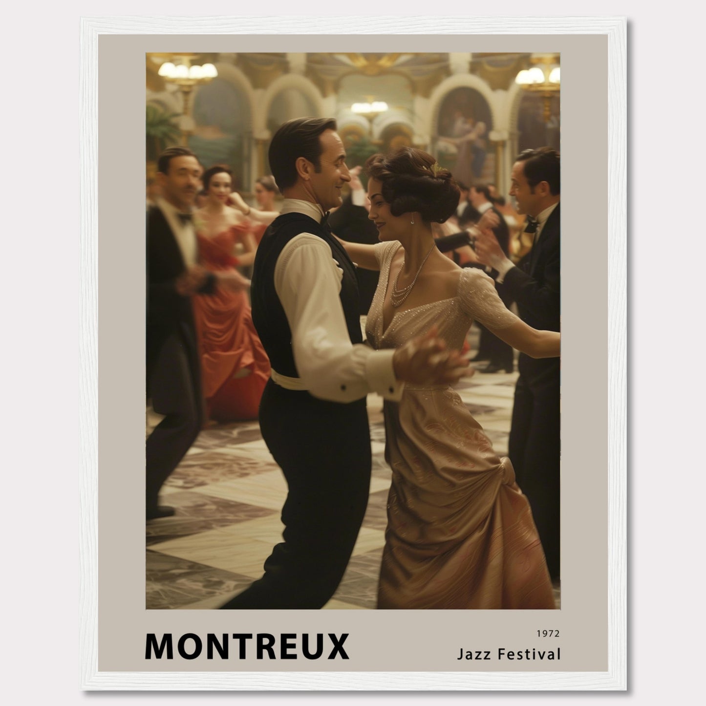 This elegant poster captures a moment of grace and sophistication at the Montreux Jazz Festival in 1972. A couple is seen dancing in a grand ballroom, surrounded by other elegantly dressed attendees. The atmosphere is vibrant and full of life, evoking the charm and allure of a bygone era.