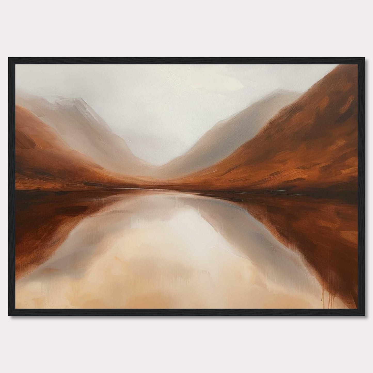 This captivating painting showcases a serene landscape with misty mountains reflected in a calm lake. The earthy tones of the mountains blend seamlessly with the soft, cloudy sky, creating a tranquil and harmonious scene.