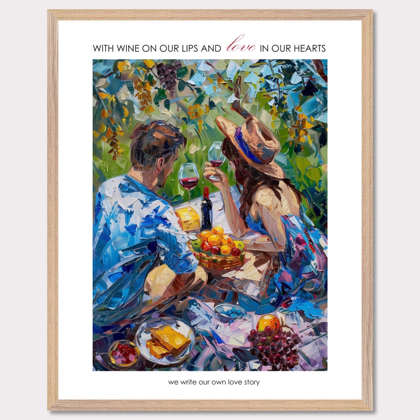 Couple on a summer picnic - Poster with a wooden frame