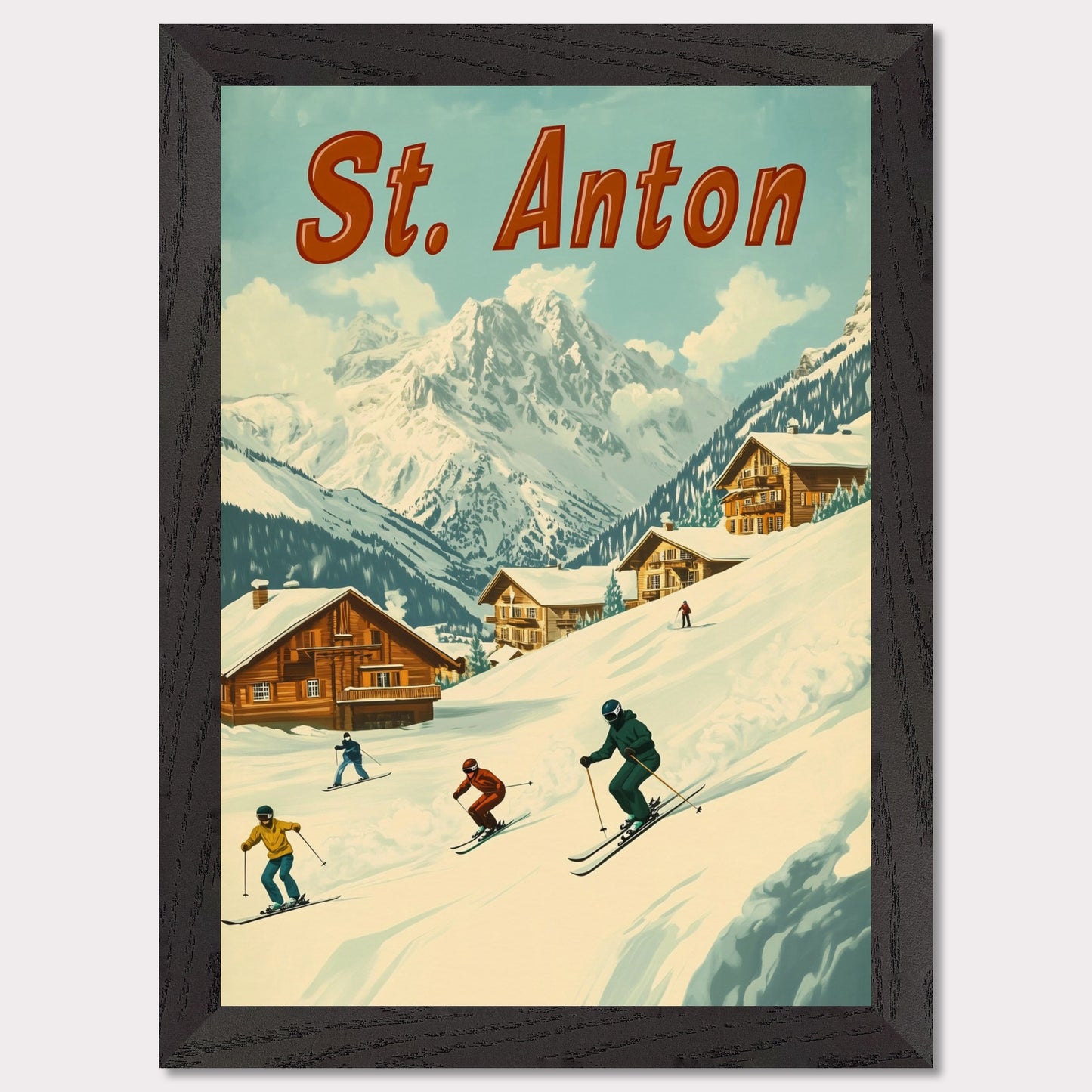 This vibrant retro-style poster captures the thrilling energy of skiing in St. Anton. The scene depicts skiers carving down the slopes, with picturesque alpine chalets nestled in the snow-covered hills and the majestic mountains towering in the background. The warm tones of the sky and the clean, crisp snow evoke the exhilarating experience of a winter sports haven. The bold retro typography adds a touch of nostalgia, perfectly highlighting the charm and adventure of St. Anton.