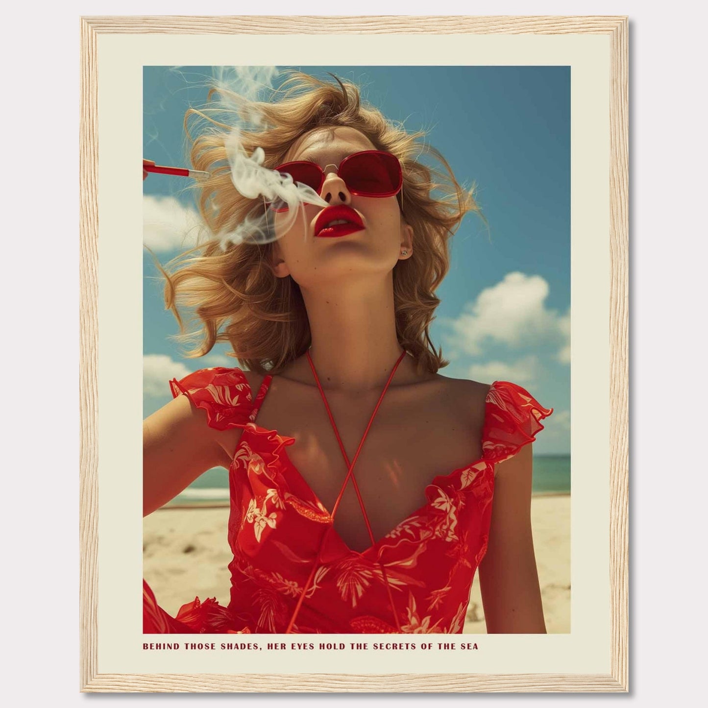 This striking image features a woman in a vibrant red dress and matching sunglasses, exuding confidence and mystery. The ocean and sky form the serene backdrop, while smoke adds an air of intrigue. The caption reads, "BEHIND THOSE SHADES, HER EYES HOLD THE SECRETS OF THE SEA."