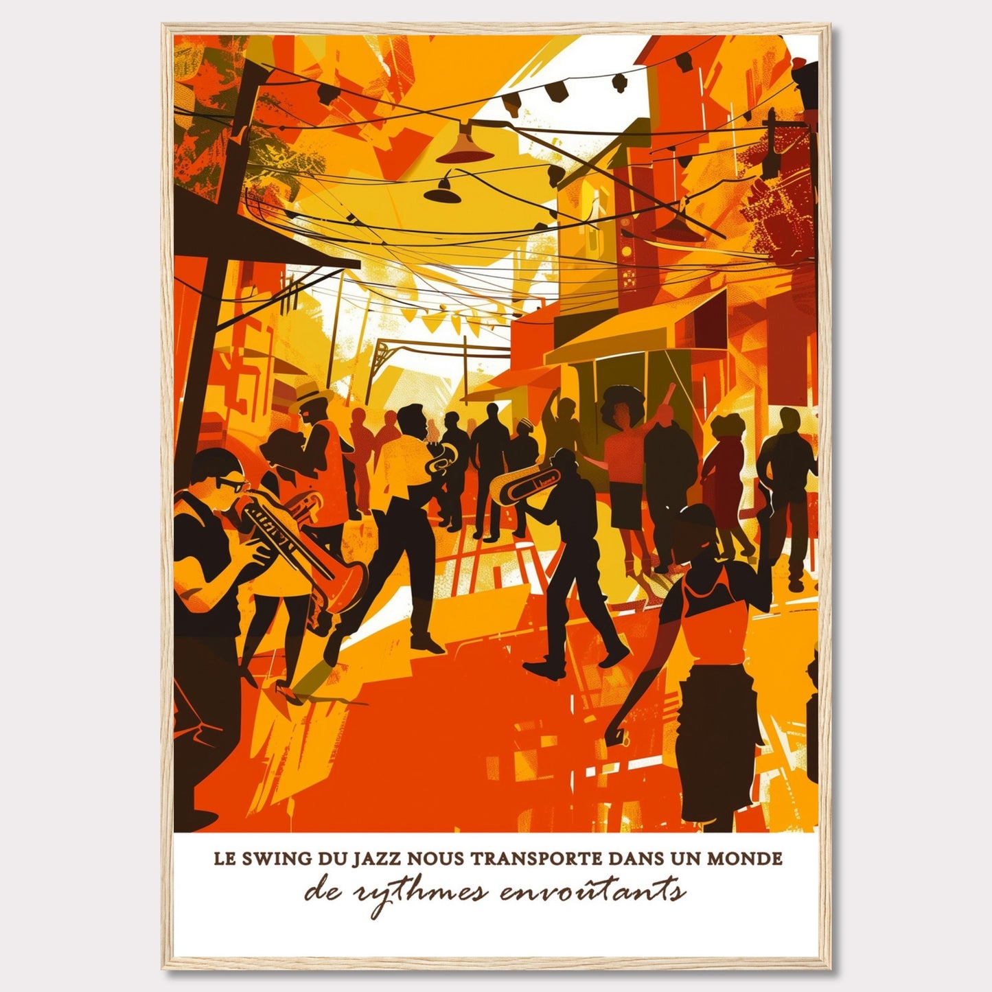 This vibrant illustration captures the lively atmosphere of a jazz street performance. Musicians with trumpets and trombones play energetically, surrounded by an enthusiastic crowd. The scene is bathed in warm hues of orange and yellow, evoking a sense of warmth and excitement.