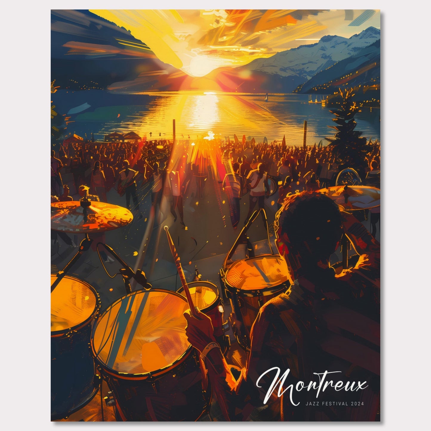 This vibrant image captures the essence of the Montreux Jazz Festival 2024. The scene is set at sunset, with a stunning view of the sun dipping below the horizon over a serene lake, surrounded by majestic mountains. A large crowd is gathered, immersed in the music, while a drummer plays energetically in the foreground.