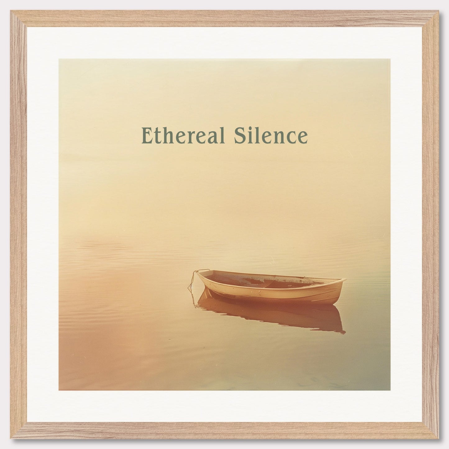 This serene photograph features a solitary rowboat gently floating on calm waters under a soft, ethereal light. The words "Ethereal Silence" are elegantly displayed above the boat, enhancing the tranquil atmosphere.