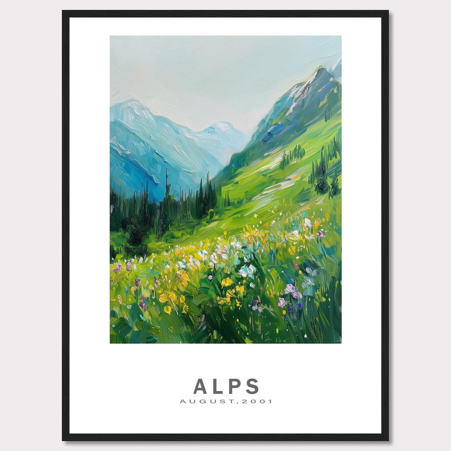 This beautiful framed artwork captures a vibrant and serene landscape of the Alps in August 2001. The painting showcases lush green mountains, colorful wildflowers, and a tranquil sky.