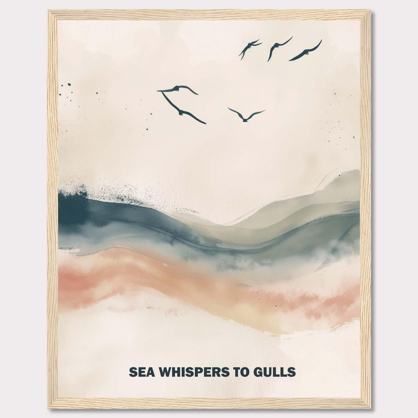 This serene artwork features a minimalist design with gentle waves and flying gulls. The soothing colors create a tranquil atmosphere, perfect for any space needing a touch of calm. The text "SEA WHISPERS TO GULLS" adds a poetic element to the piece.