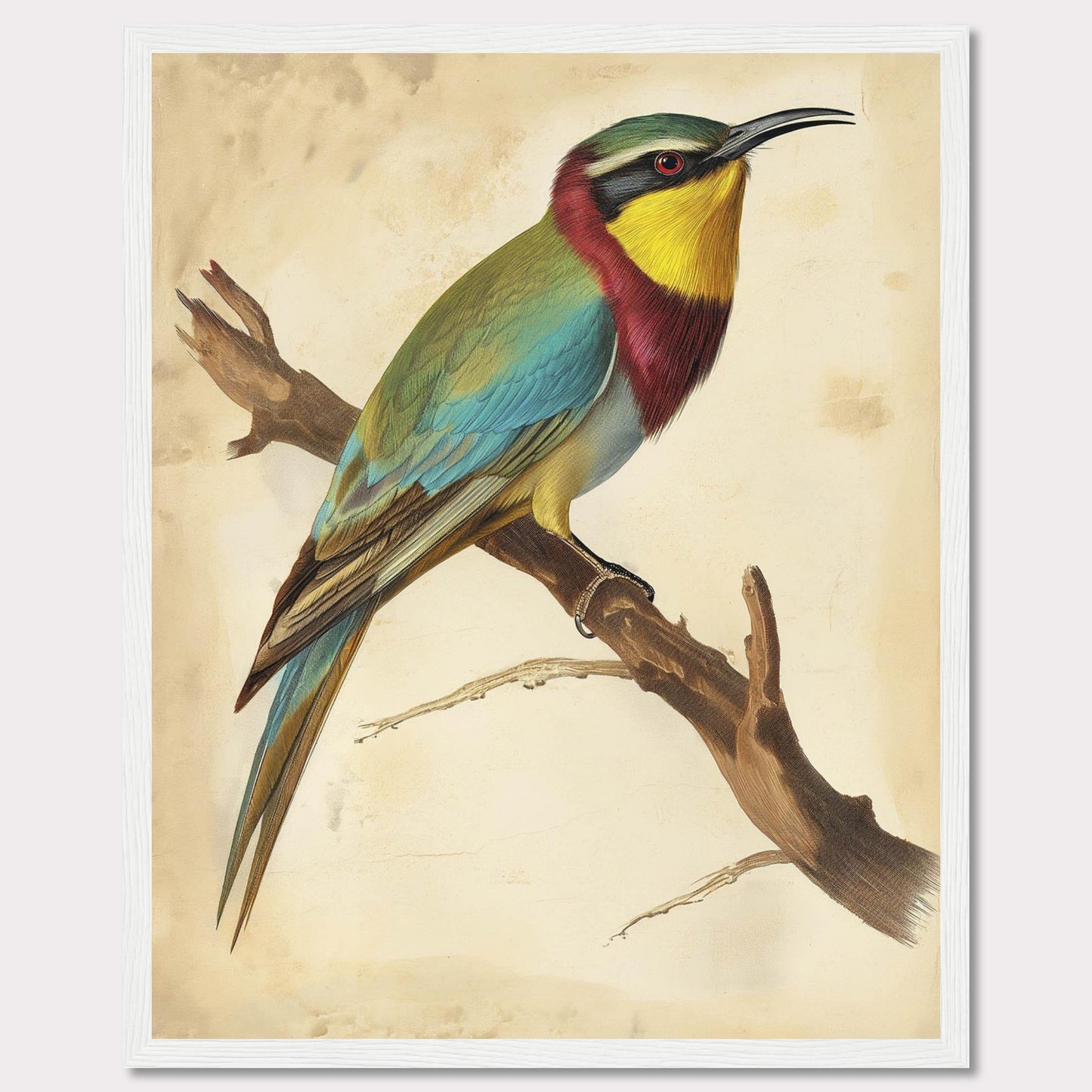 This captivating artwork features a vibrant bird perched on a branch, showcasing its colorful plumage. The background is a soft, muted beige that highlights the bird's bright hues. The bird's feathers display a stunning array of colors, including green, blue, yellow, and red. The piece is framed in a simple black frame that complements the artwork without detracting from it.