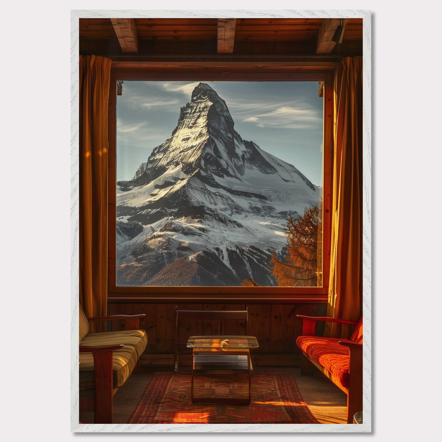 This stunning image captures a breathtaking view of a snow-capped mountain through a large window from a cozy wooden cabin. The warm interior contrasts beautifully with the majestic, cold mountain outside.