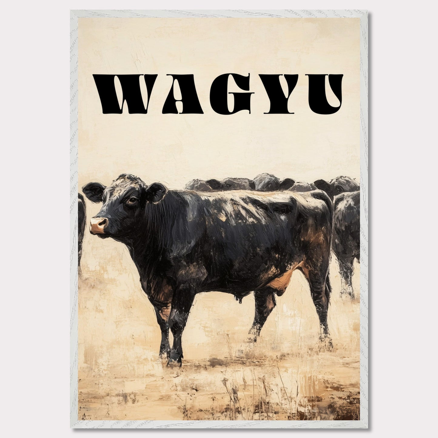 This image features a striking illustration of a Wagyu cow standing prominently in the foreground. The word "WAGYU" is boldly displayed at the top in large, black letters. The background shows more cows, adding depth to the scene.