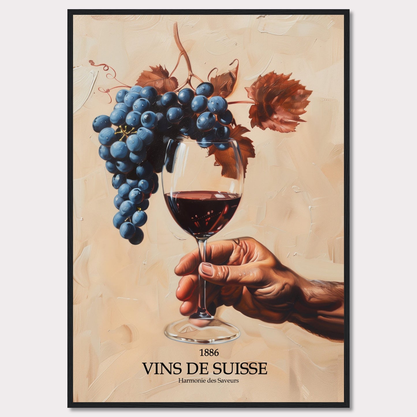 This captivating image showcases a hand holding a glass of red wine, with a luscious bunch of grapes hanging above it. The background is painted in warm, earthy tones, enhancing the rich colors of the grapes and wine.