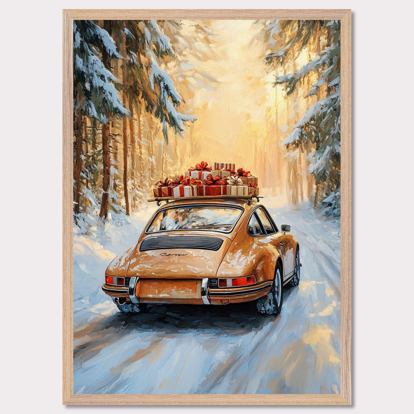 This festive poster showcases a yellow Porsche navigating a snow-covered path with holiday presents stacked on its roof. The warm glow from the trees lining the road creates a magical winter scene, while the "Merry Christmas" typography evokes the warmth and joy of the holiday season. The combination of sleek design and a peaceful winter landscape makes this a perfect holiday greeting.