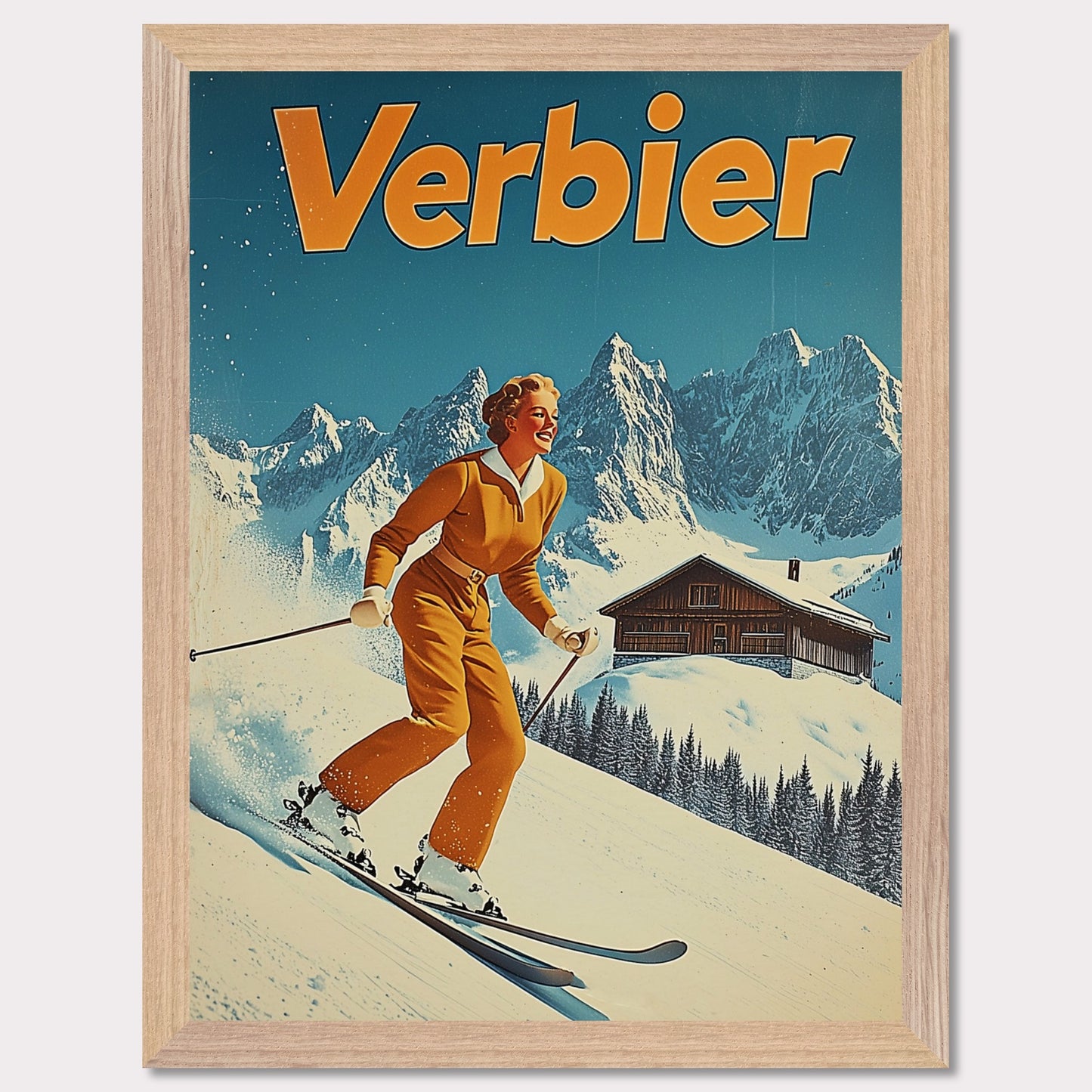 This vibrant retro poster features a cheerful skier dressed in a classic orange ski outfit, gliding down the pristine slopes of Verbier. Behind her, a picturesque alpine chalet sits amidst snow-covered peaks, with a bright blue sky completing the idyllic scene. The bold typography and clean lines enhance the nostalgic charm, inviting viewers to experience the joys of skiing in Verbier.