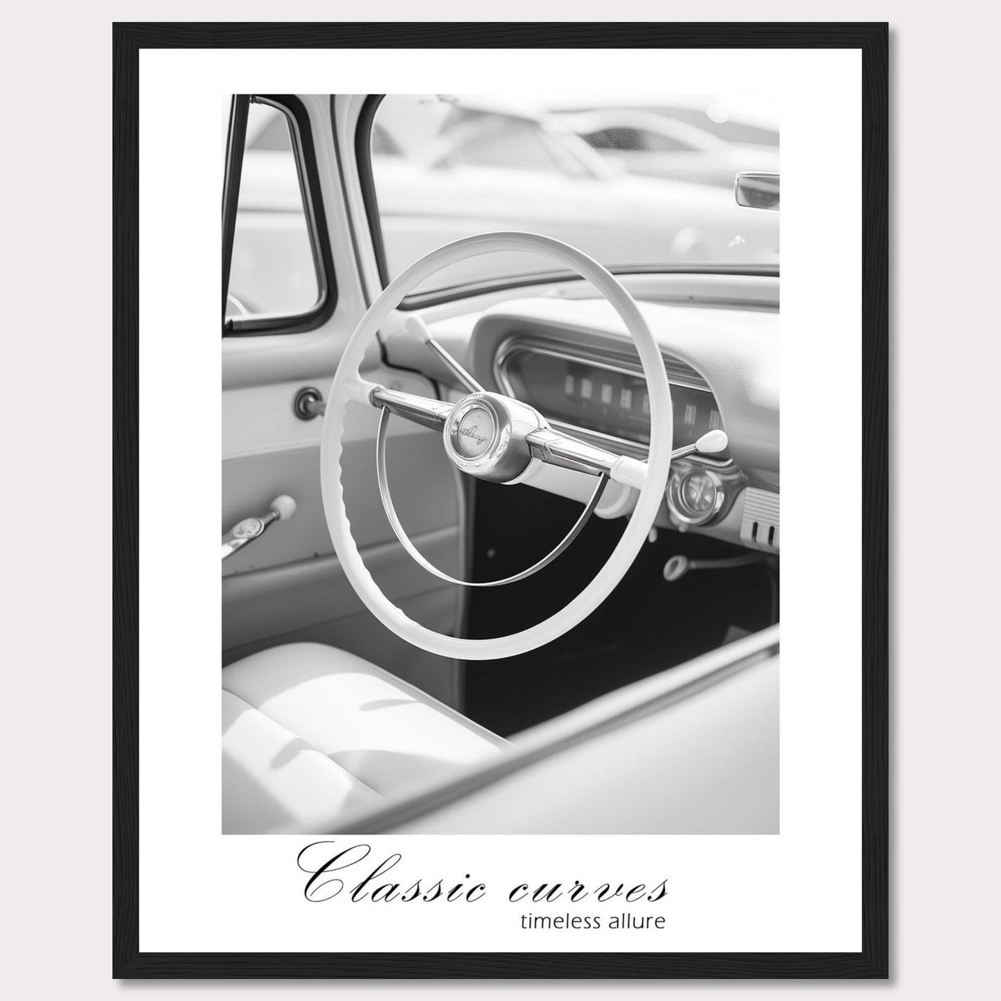 This image features a black and white photograph of a vintage car interior, focusing on the classic steering wheel. The photo exudes a sense of nostalgia and elegance.