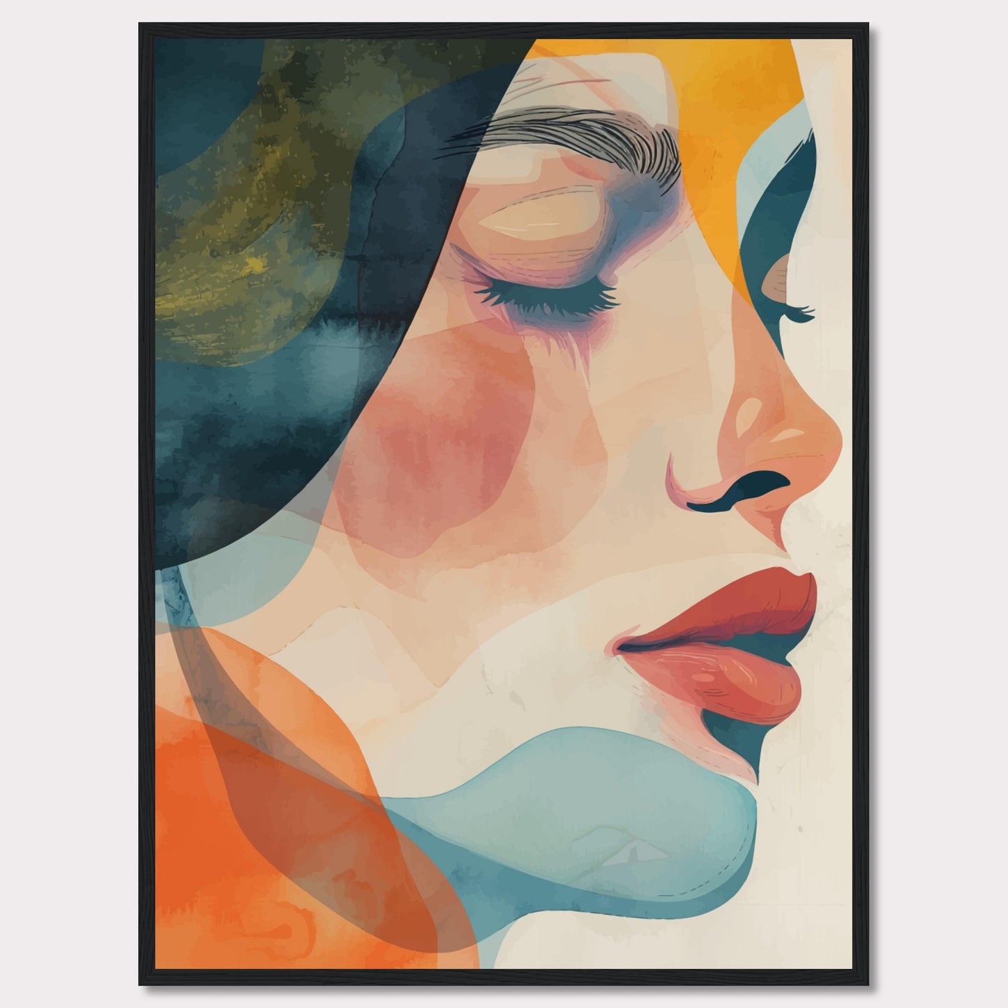 This captivating artwork features a serene profile of a woman's face, rendered in a vibrant mix of abstract colors. The composition highlights her closed eyes and calm expression, evoking a sense of tranquility and introspection.