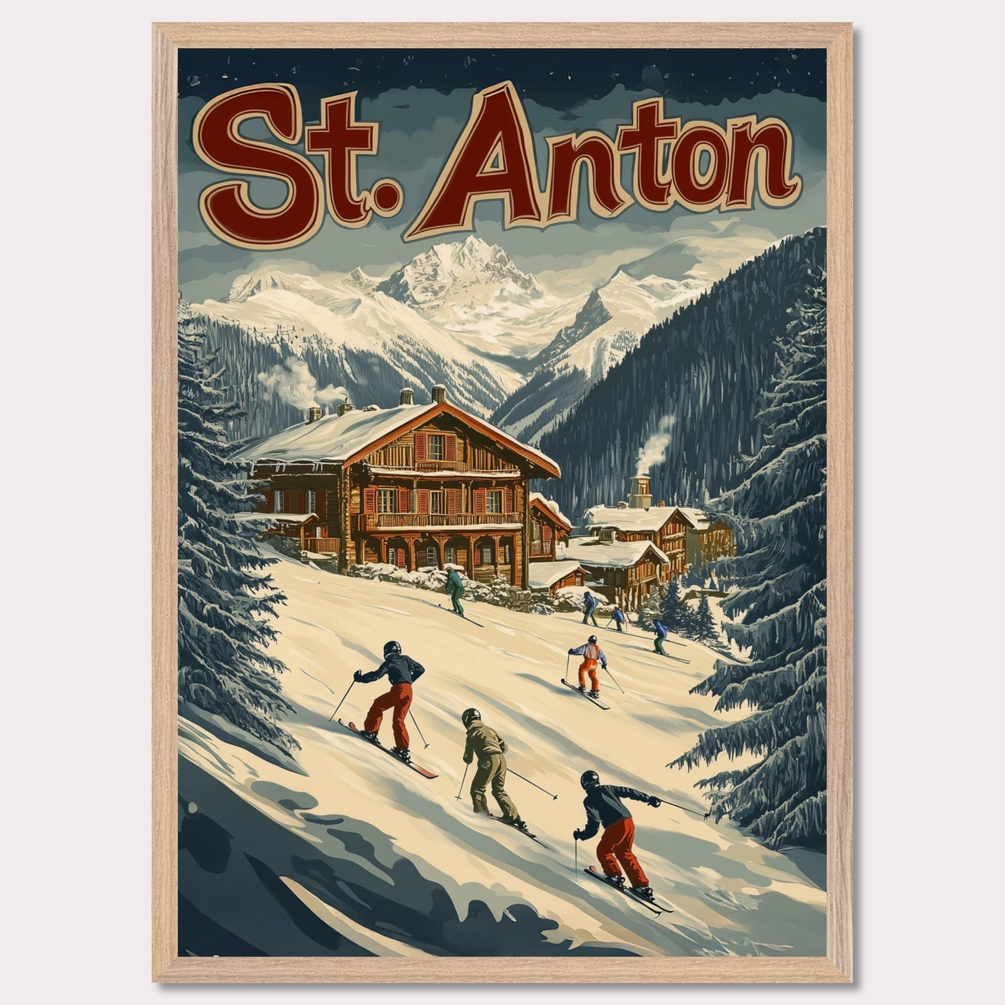 This minimalist yet striking poster captures the essence of St. Anton's alpine charm through its dynamic composition and vintage-inspired design. At the heart of the image is a group of skiers gracefully descending the snowy slopes, framed by towering evergreens and a cozy wooden chalet. The vibrant yet balanced color palette enhances the lively appeal, blending a sense of adventure and winter serenity.