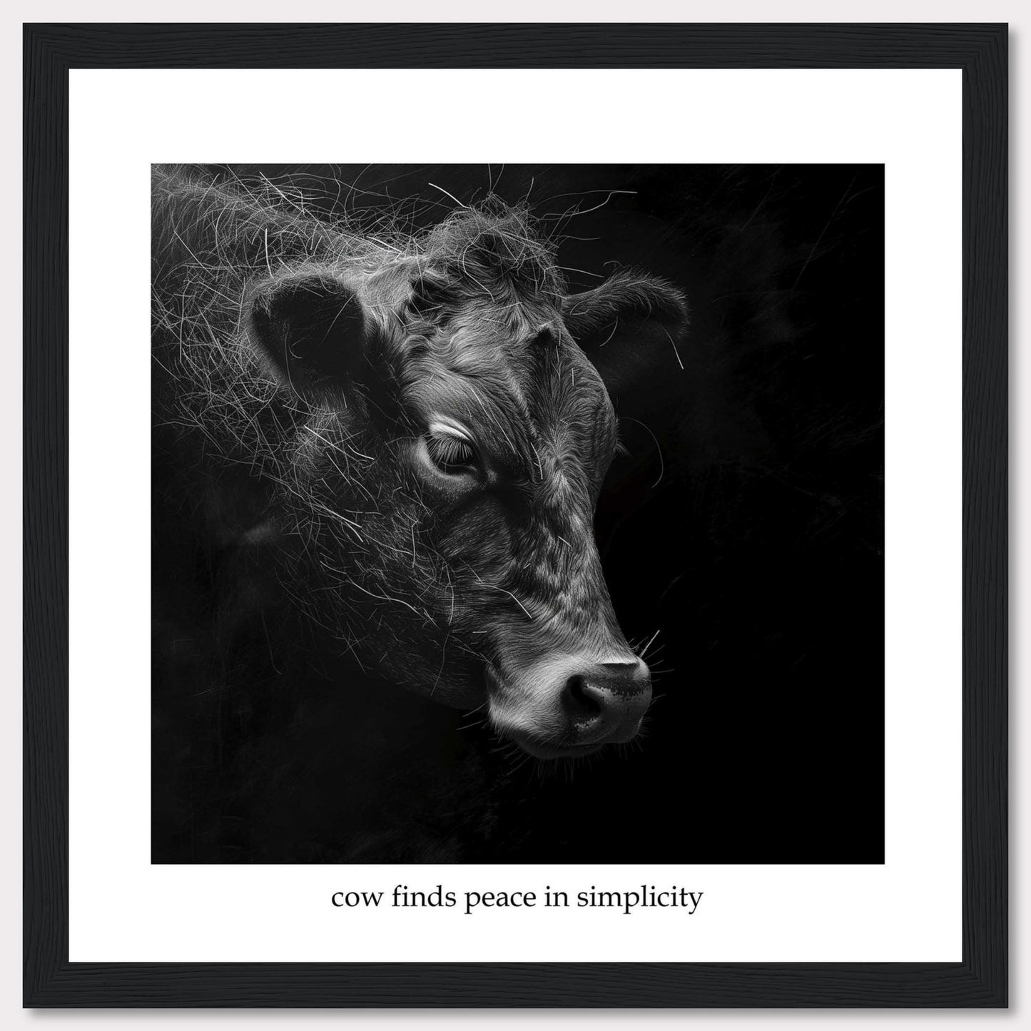 This image features a serene black and white portrait of a cow, captured in a moment of tranquility. The cow's detailed fur and calm expression are highlighted against a dark background, emphasizing its peaceful demeanor. The photograph is framed with a simple black border and includes the caption "cow finds peace in simplicity" at the bottom.