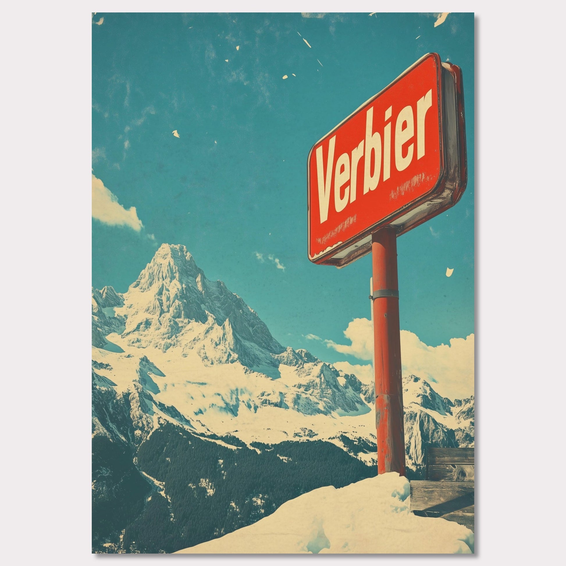 This striking retro-style poster showcases the iconic "Verbier" sign against the backdrop of towering snow-covered peaks and a bright blue sky. The rustic sign, partially worn by time, perfectly complements the expansive, untouched wilderness of the Swiss Alps. The vintage color palette and texture evoke a sense of nostalgia, capturing the allure of Verbier as a timeless destination for adventure and escape into nature’s beauty.