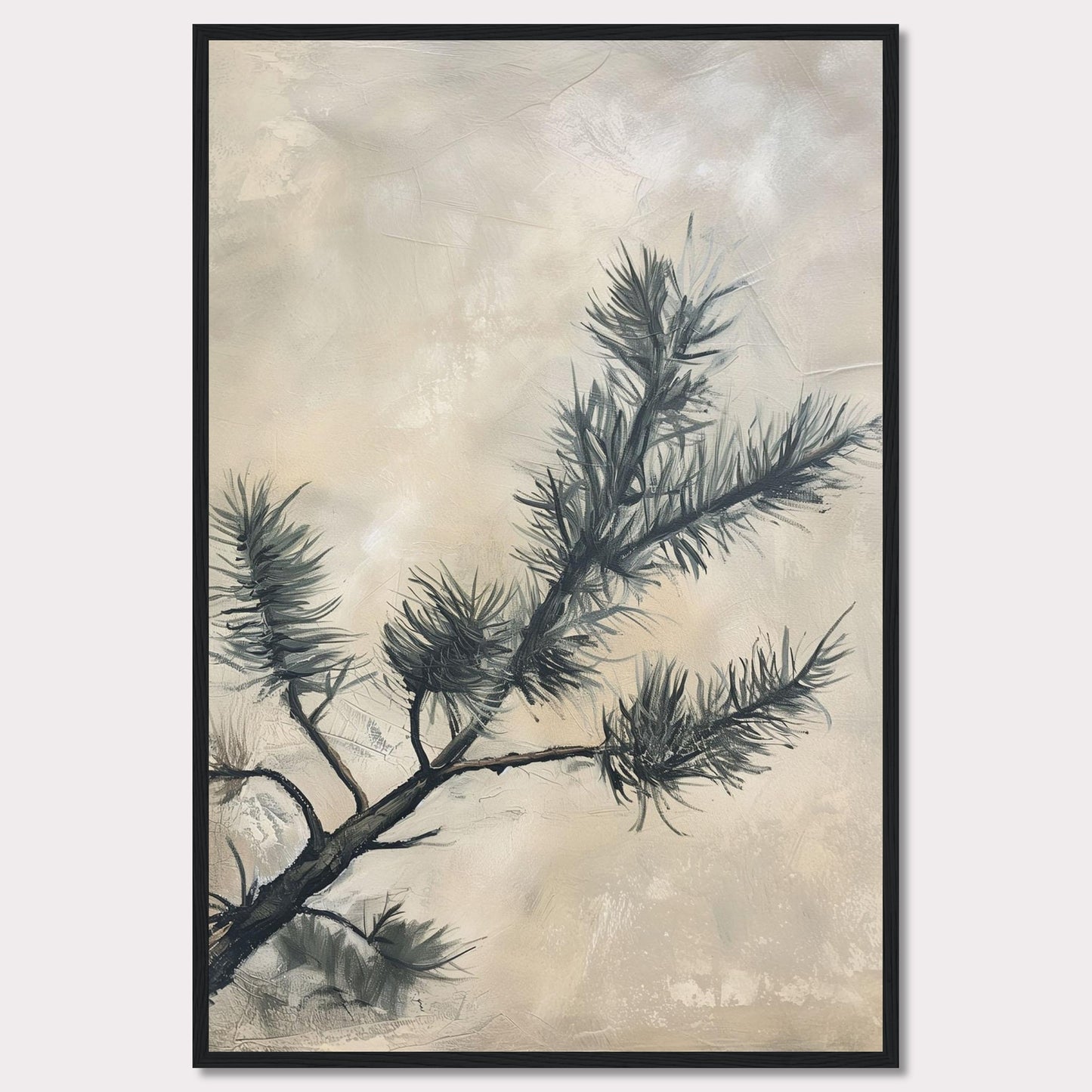 This elegant artwork features a delicate pine branch set against a soft, muted background. The painting captures the serene beauty of nature with its minimalist design and subtle color palette.