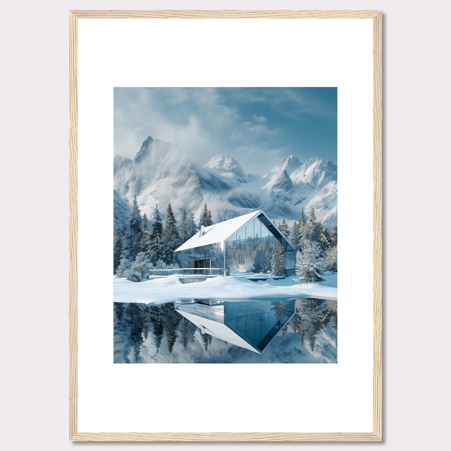 This stunning image showcases a modern glass house nestled in a serene snowy landscape, with majestic mountains in the background. The reflection of the house and trees on the calm water adds to the tranquil ambiance.