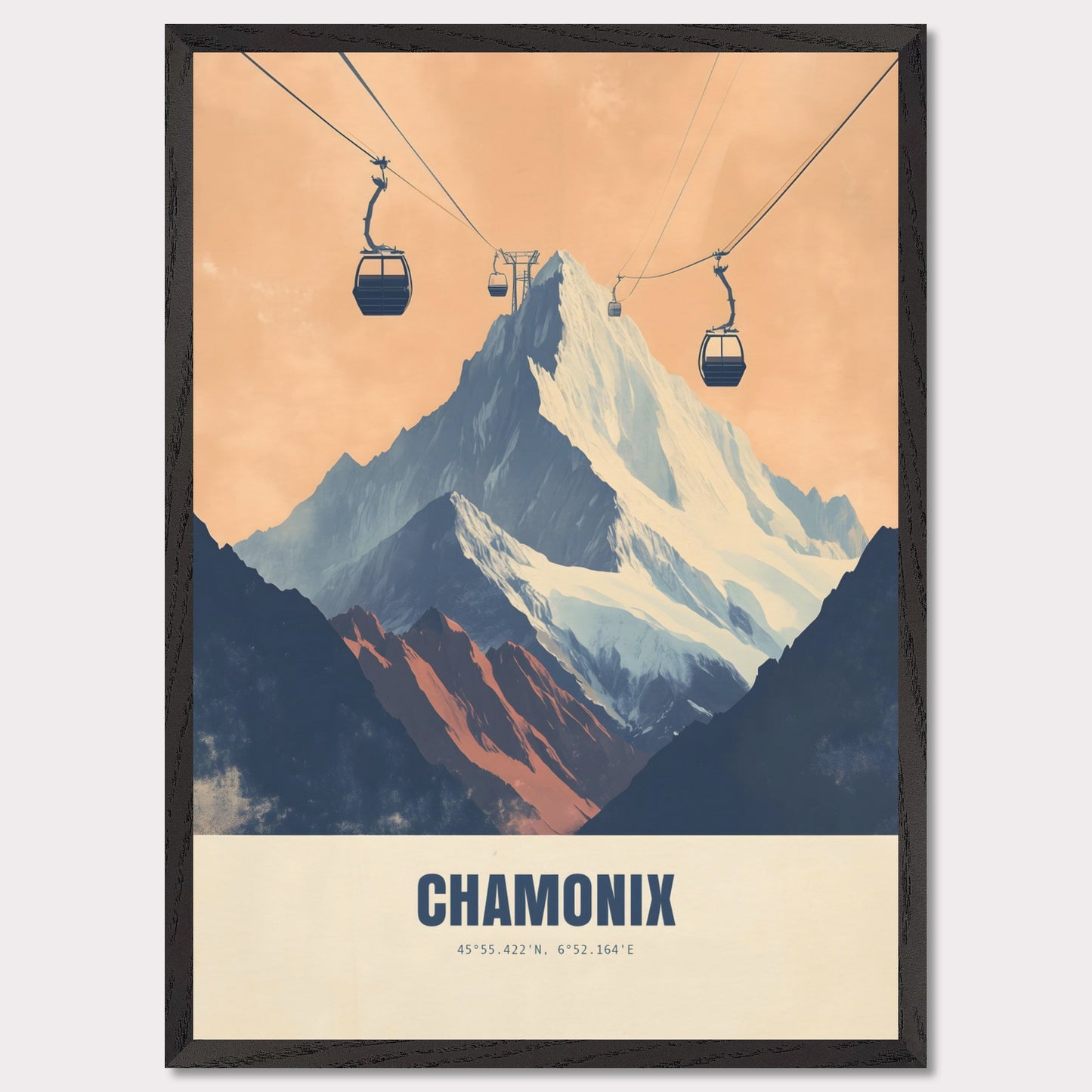 This striking poster showcases the dramatic ascent to Chamonix’s peaks, with cable cars stretching across the sky towards the snow-covered mountains. The bold contrasts between deep shadows and glowing light create an atmosphere of adventure and grandeur.