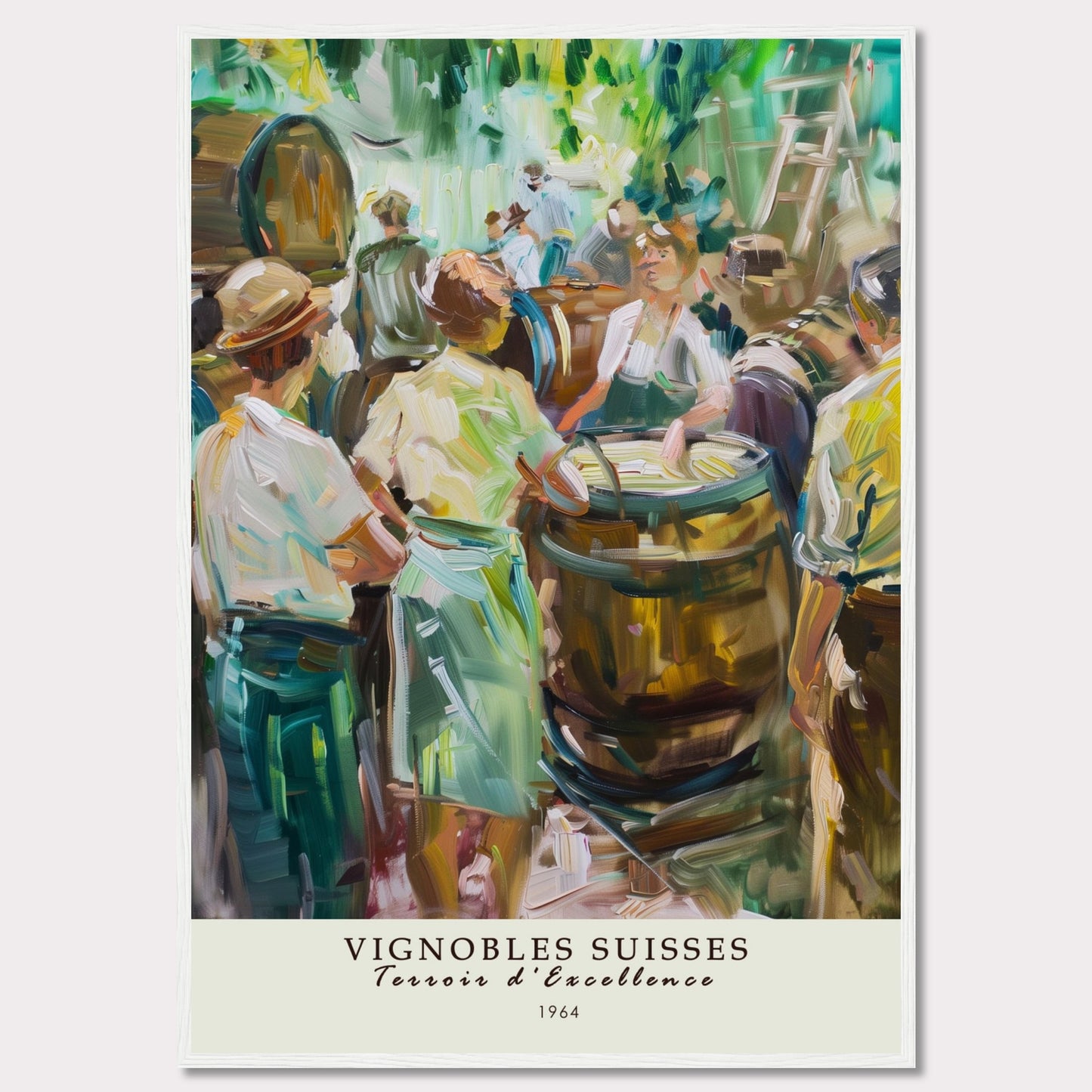 This vibrant painting captures a lively scene of people gathered around wine barrels, reflecting the rich tradition of Swiss vineyards.