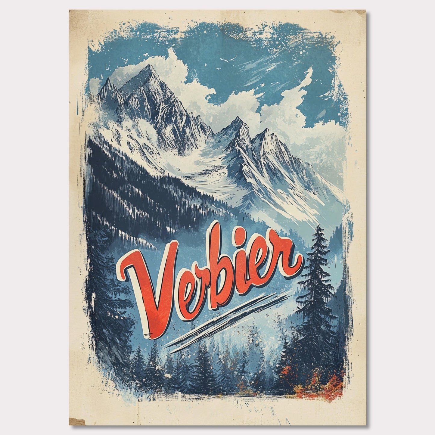 This striking vintage poster captures the breathtaking beauty of Verbier’s mountain peaks. With a bold orange and blue color palette, the image of towering snowy peaks framed by evergreen trees invites adventure and awe. The vintage typography emphasizes Verbier’s allure as a destination for both exploration and relaxation, making this an ideal representation of the Swiss Alps' majestic landscapes.