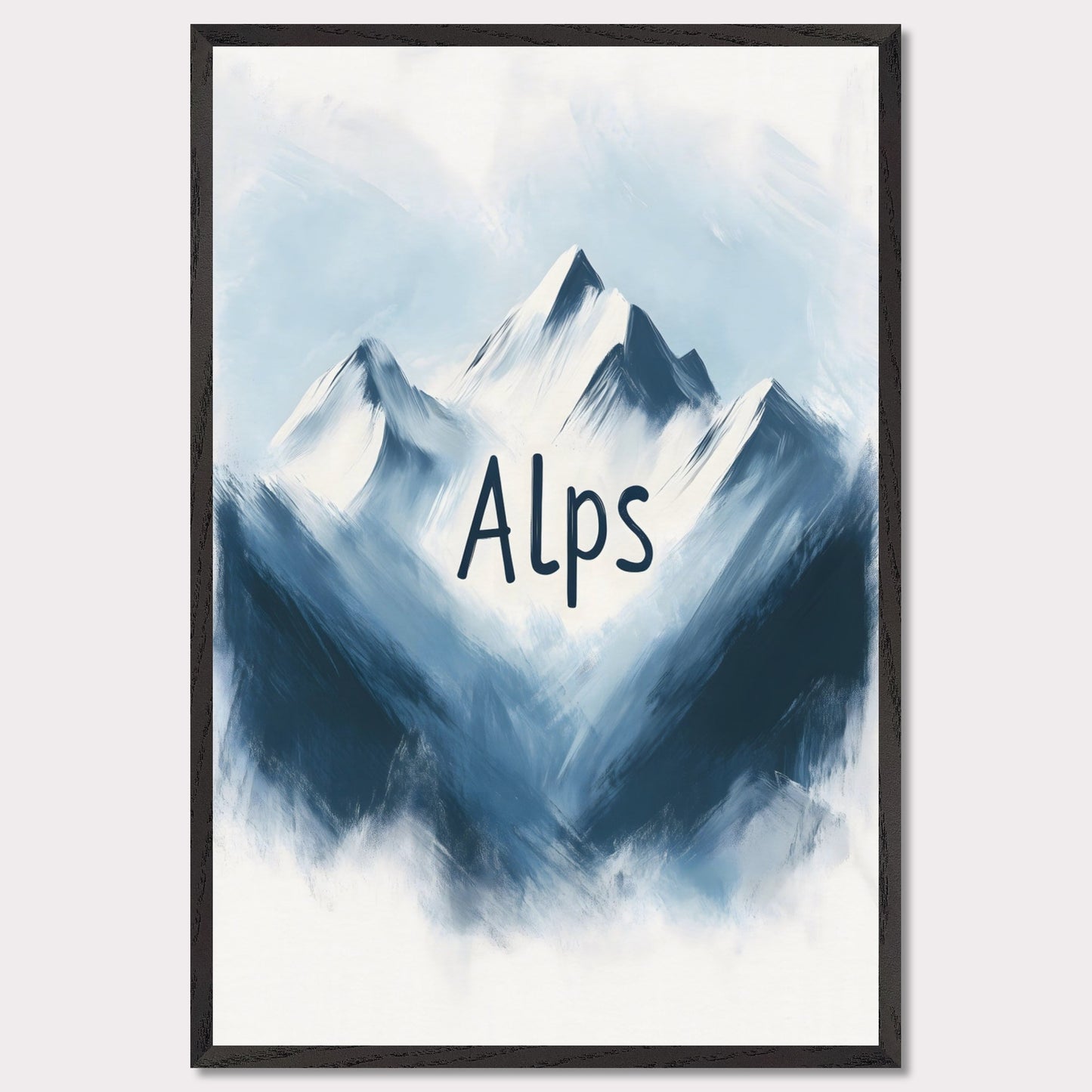 This minimalistic poster captures the raw beauty of alpine peaks, portrayed in a painterly, soft blue tone. The ethereal ambiance evokes a sense of peace and awe, celebrating the untouched splendor of nature.